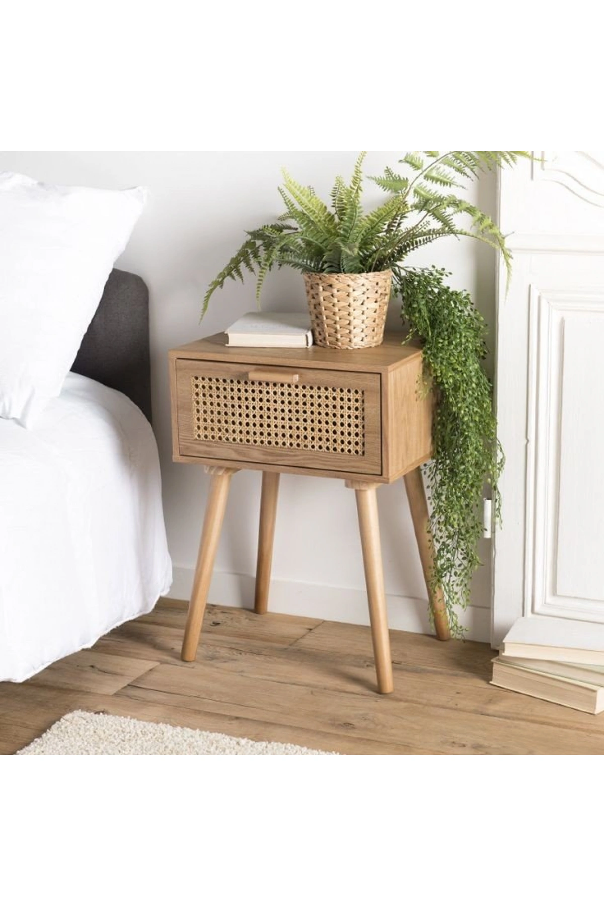 Wooden wicker patterned rattan single drawer nightstand
