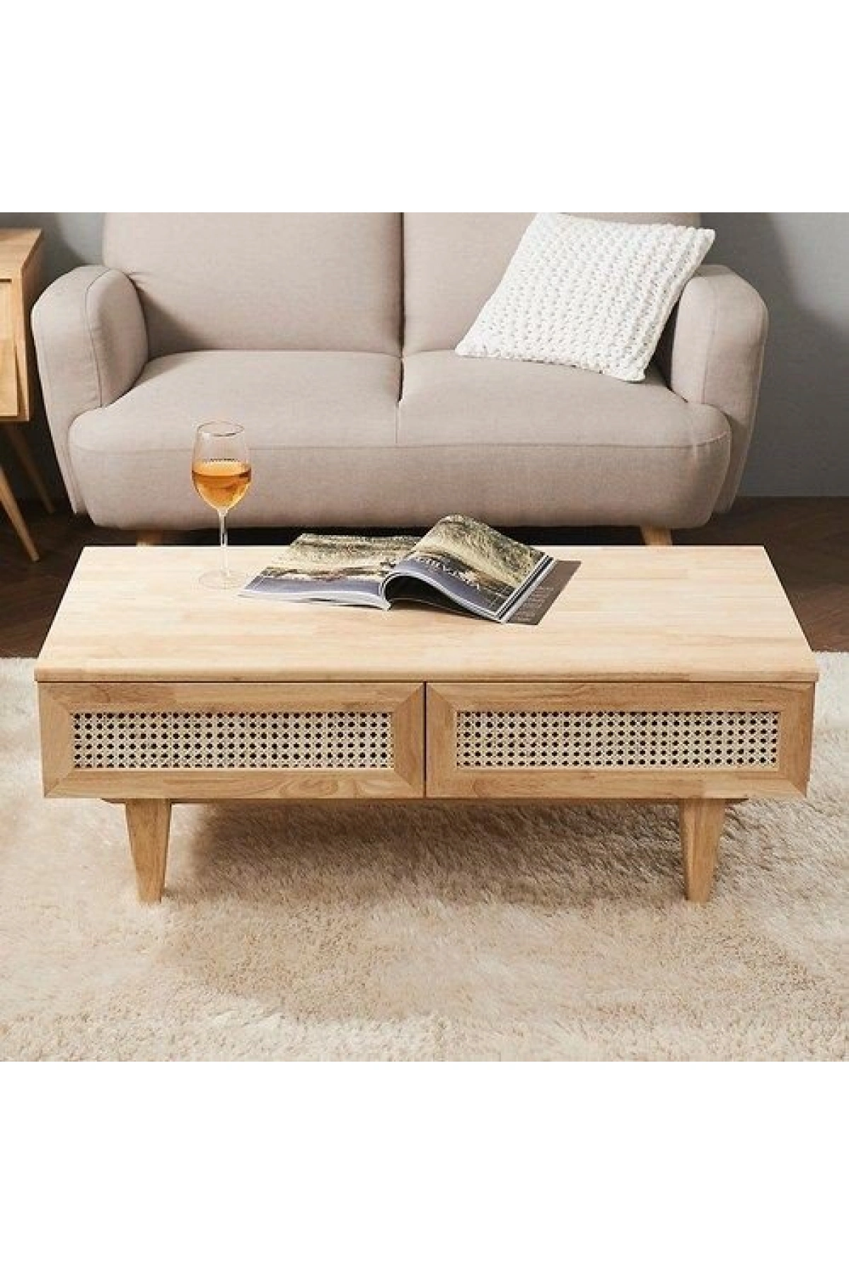 Ahşap hazeran detaylı çift çekmeceli orta sehpa