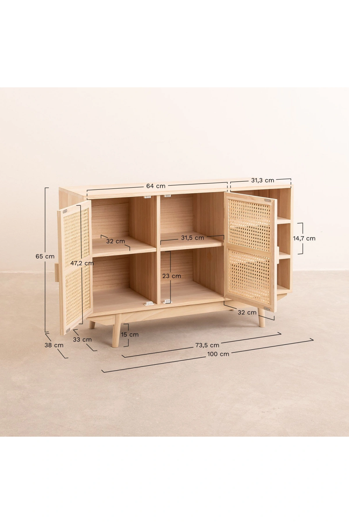 Ahşap hazeran kapaklı açık raflı konsol