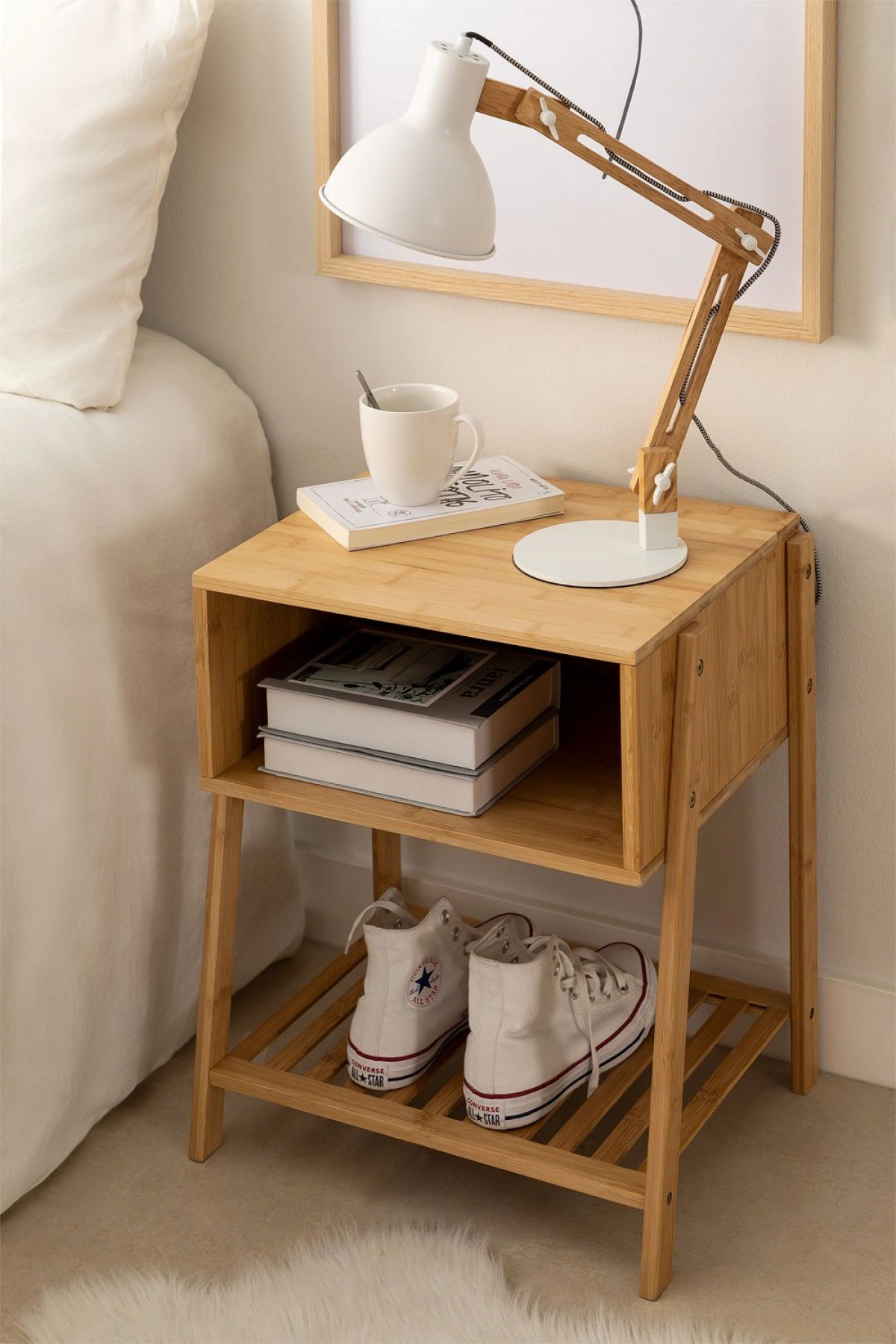 Bambu Izgara Raflı Ahşap Dekoratif Komodin Açık Kahve