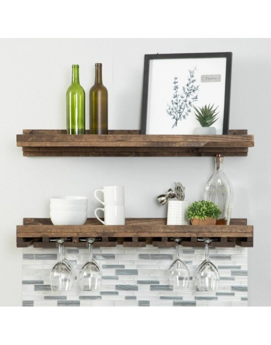 Ahşap 2 li şaraplık duvar barı rafı