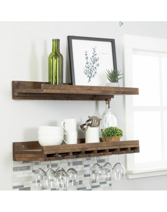Ahşap 2 li şaraplık duvar barı rafı