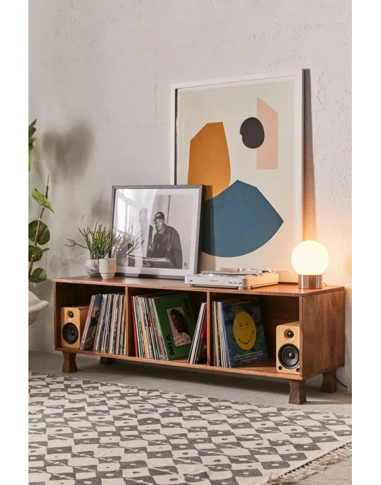 Ahşap açık raflı oldschool model plak dolabı, konsol