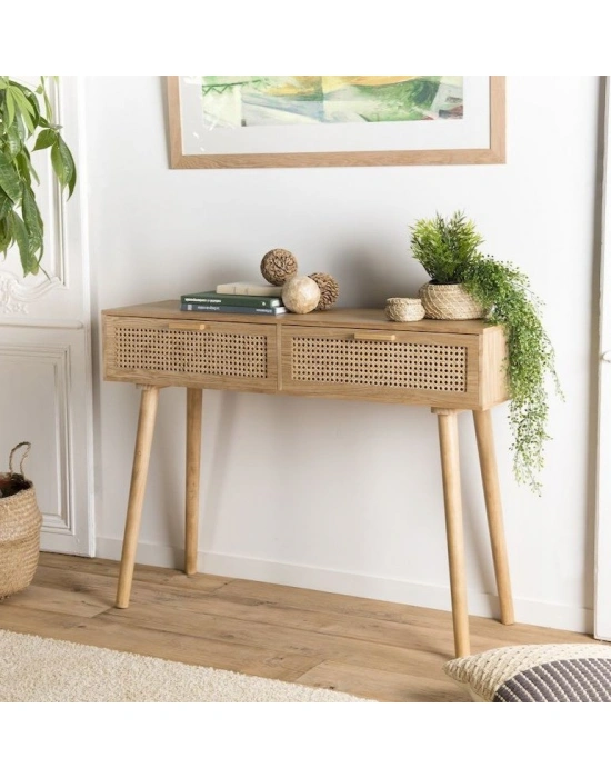 Ahşap hasır desenli hazeran çift çekmeceli dresuar konsol