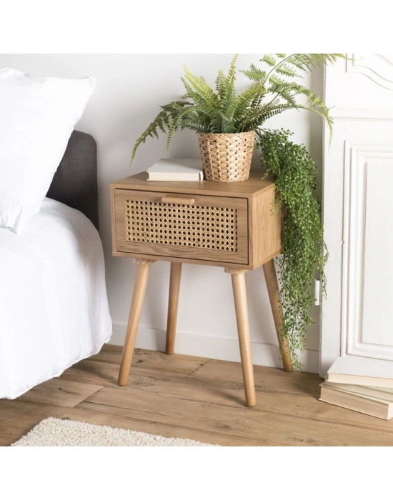 Wooden wicker patterned rattan single drawer nightstand