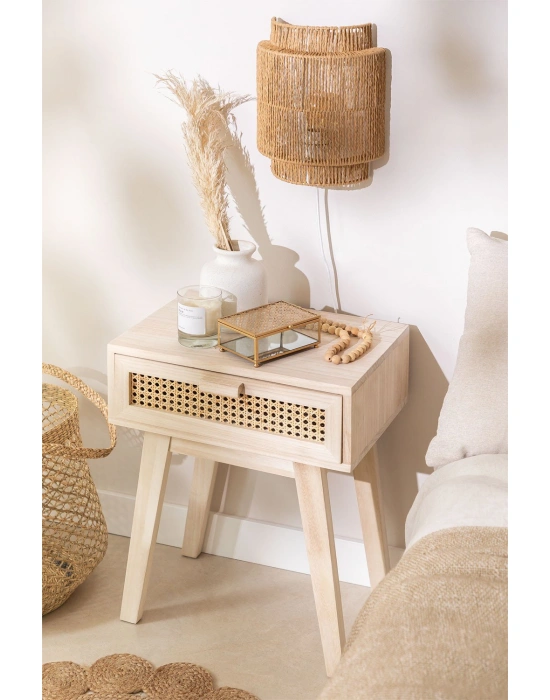 Ahşap hazeran detalı tek çekmeceli komodin