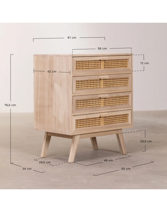 Ahşap hazeran detaylı 4 çekmeceli şifonyer