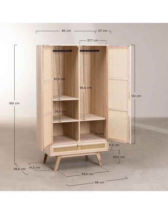Ahşap hazeran detaylı tek çekmeceli gardrop, portmanto