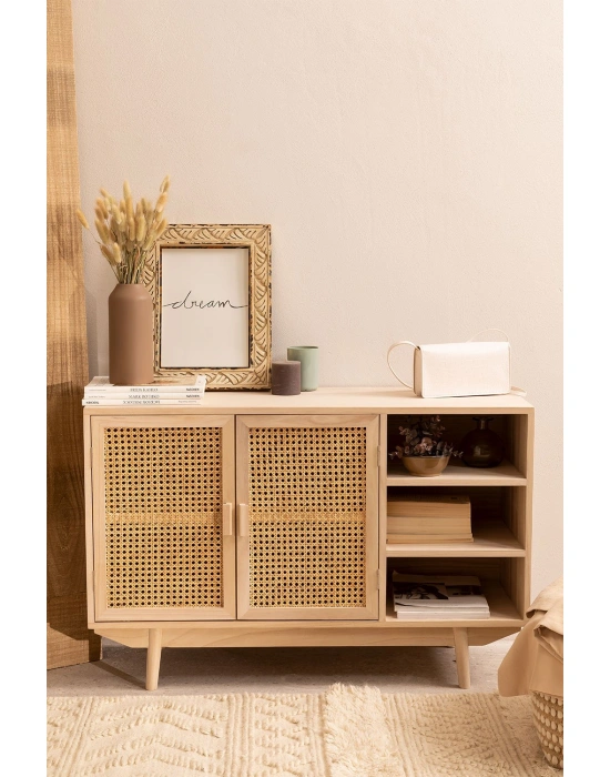 Ahşap hazeran kapaklı açık raflı konsol