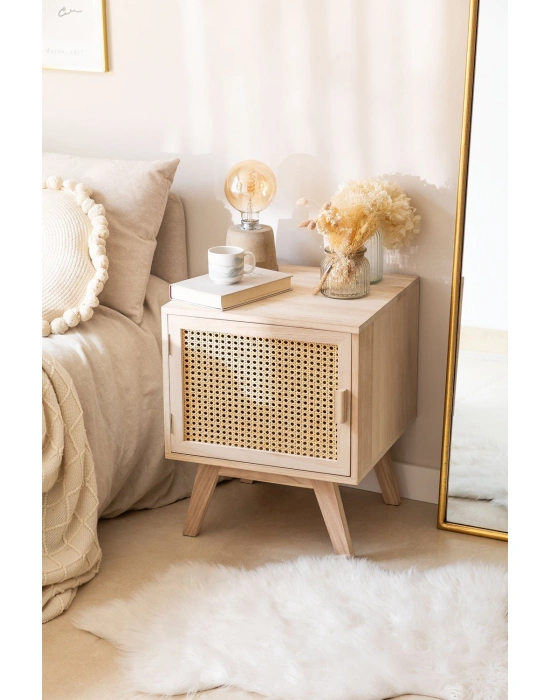 Ahşap hazeran rattan stil tek kapaklı komodin