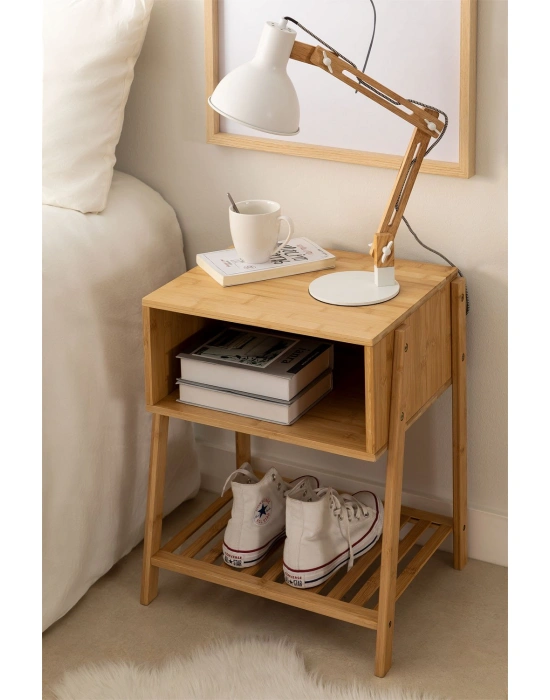 Bambu ızgara raflı ahşap dekoratif komodin