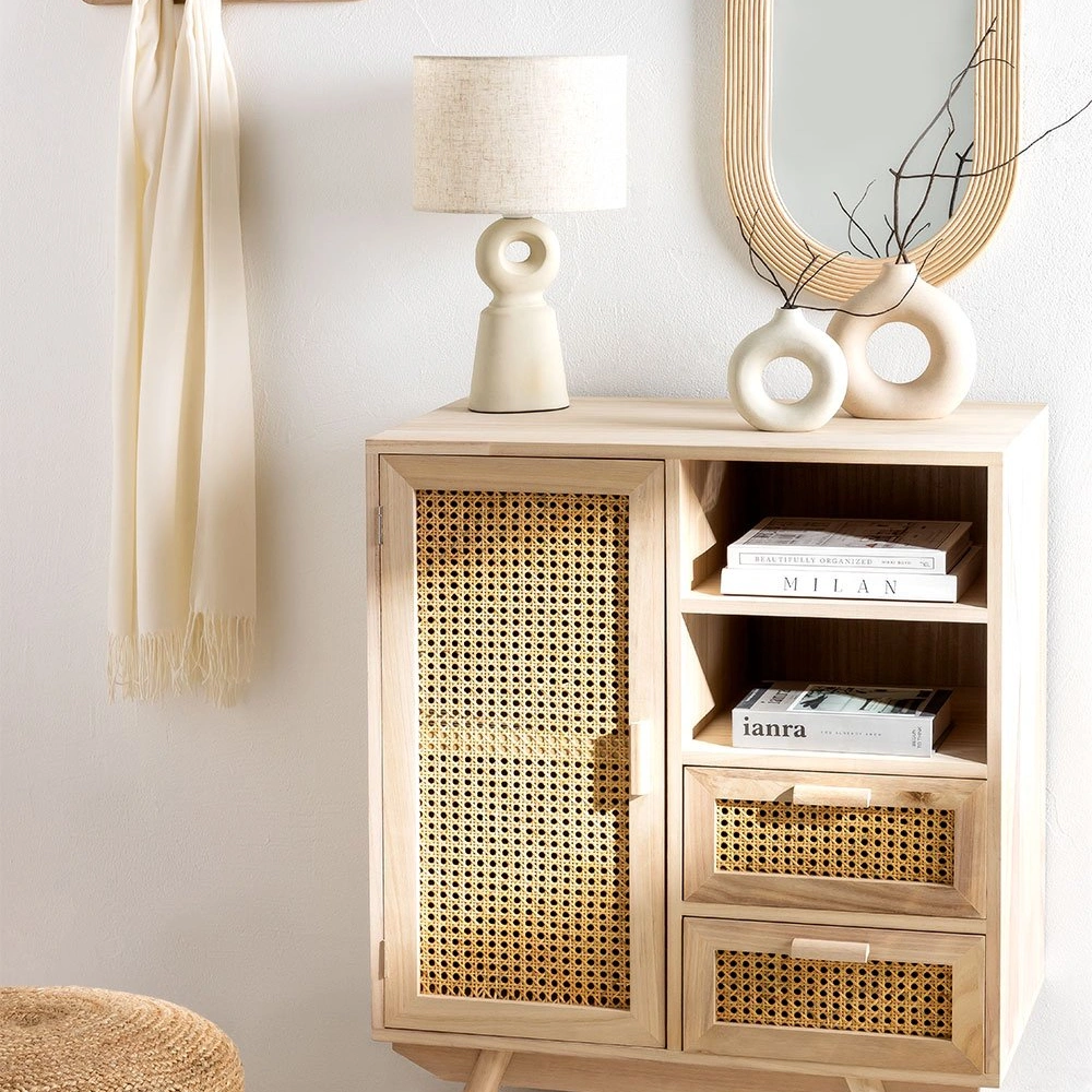 Holzkonsol mit zwei Schubladen und Tür