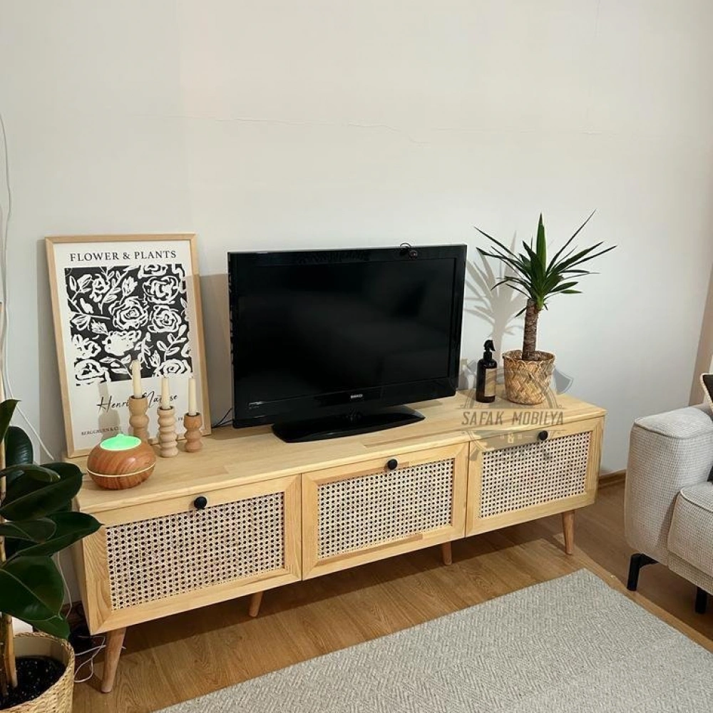 Hazeran Detaylı Masif Ahşap Devirme 3 Kapaklı Tv Ünite Natural Çam