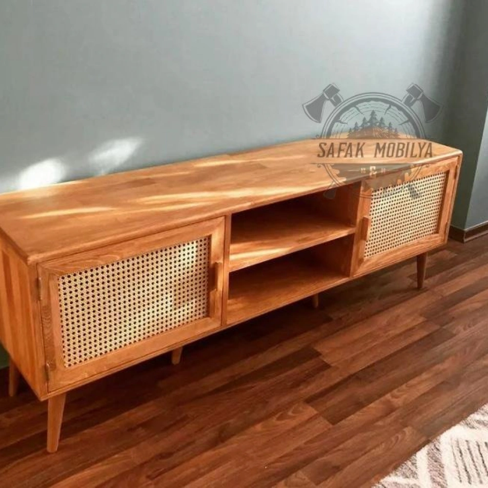 Ahşap hazeran kapak detaylı İskandinav model TV ünitesi.