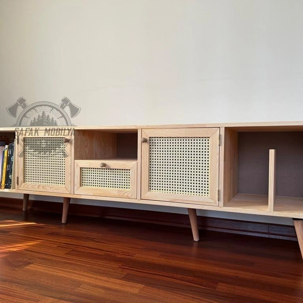 Ahşap kitaplık bölmeli hazeran detaylı tv ünitesi