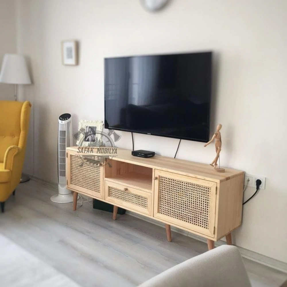 Ahşap masif hazeran kapak ve çekmeceli modern tv ünite