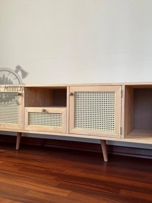 Ahşap kitaplık bölmeli hazeran detaylı tv ünitesi