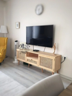 Holzmassive Hasendrahttür und moderne TV-Einheit mit Schubladen