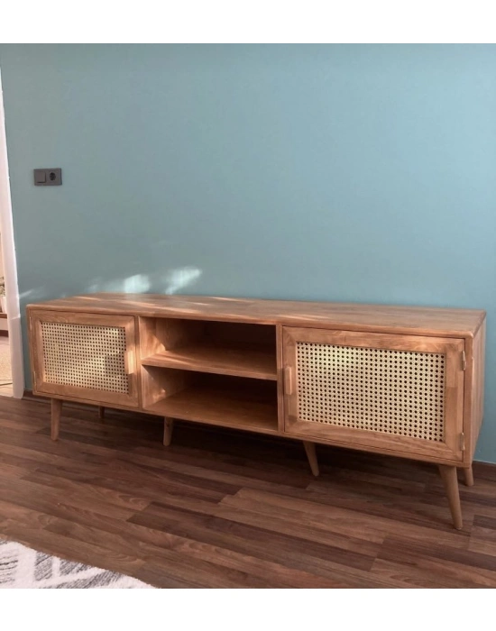 Ahşap hazeran kapak detaylı İskandinav model TV ünitesi.