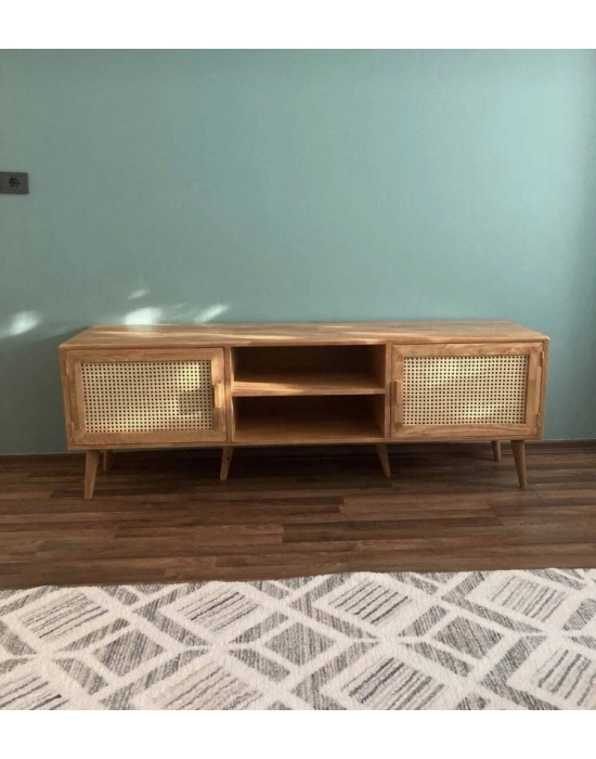 Ahşap hazeran kapak detaylı İskandinav model TV ünitesi.