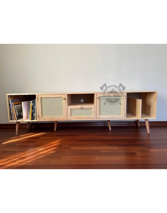 Ahşap kitaplık bölmeli hazeran detaylı tv ünitesi