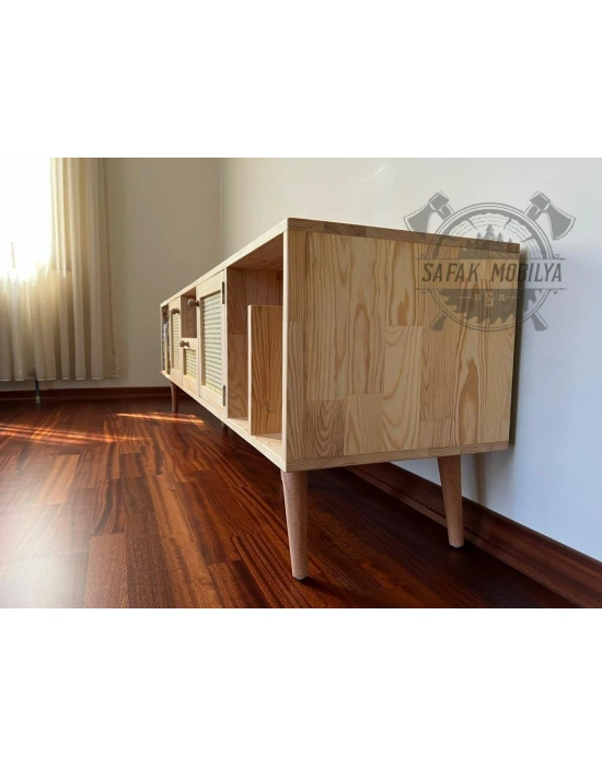 Ahşap kitaplık bölmeli hazeran detaylı tv ünitesi