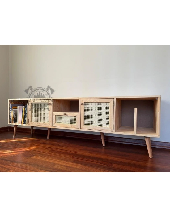 Ahşap kitaplık bölmeli hazeran detaylı tv ünitesi