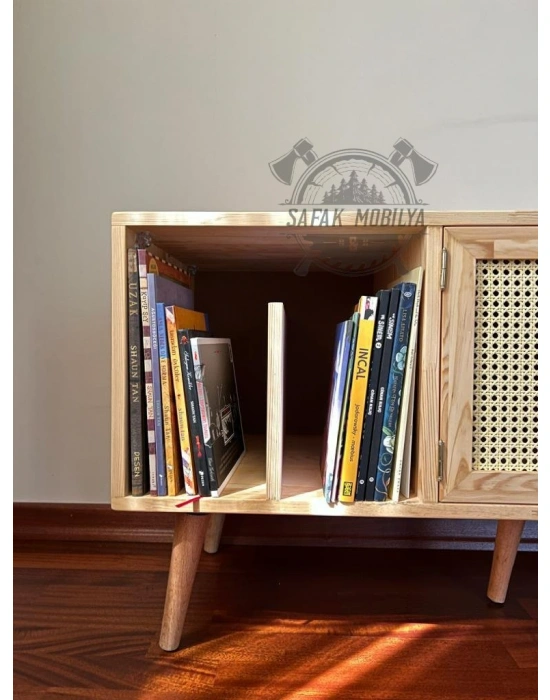 Ahşap kitaplık bölmeli hazeran detaylı tv ünitesi
