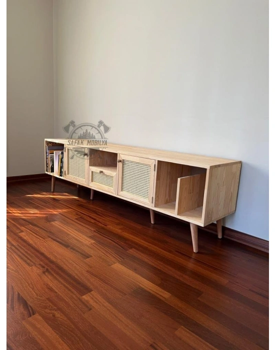 Ahşap kitaplık bölmeli hazeran detaylı tv ünitesi