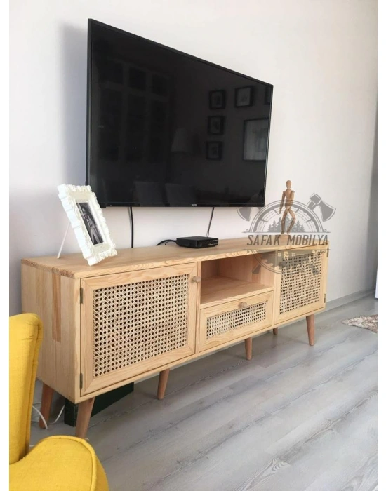 Ahşap masif hazeran kapak ve çekmeceli modern tv ünite