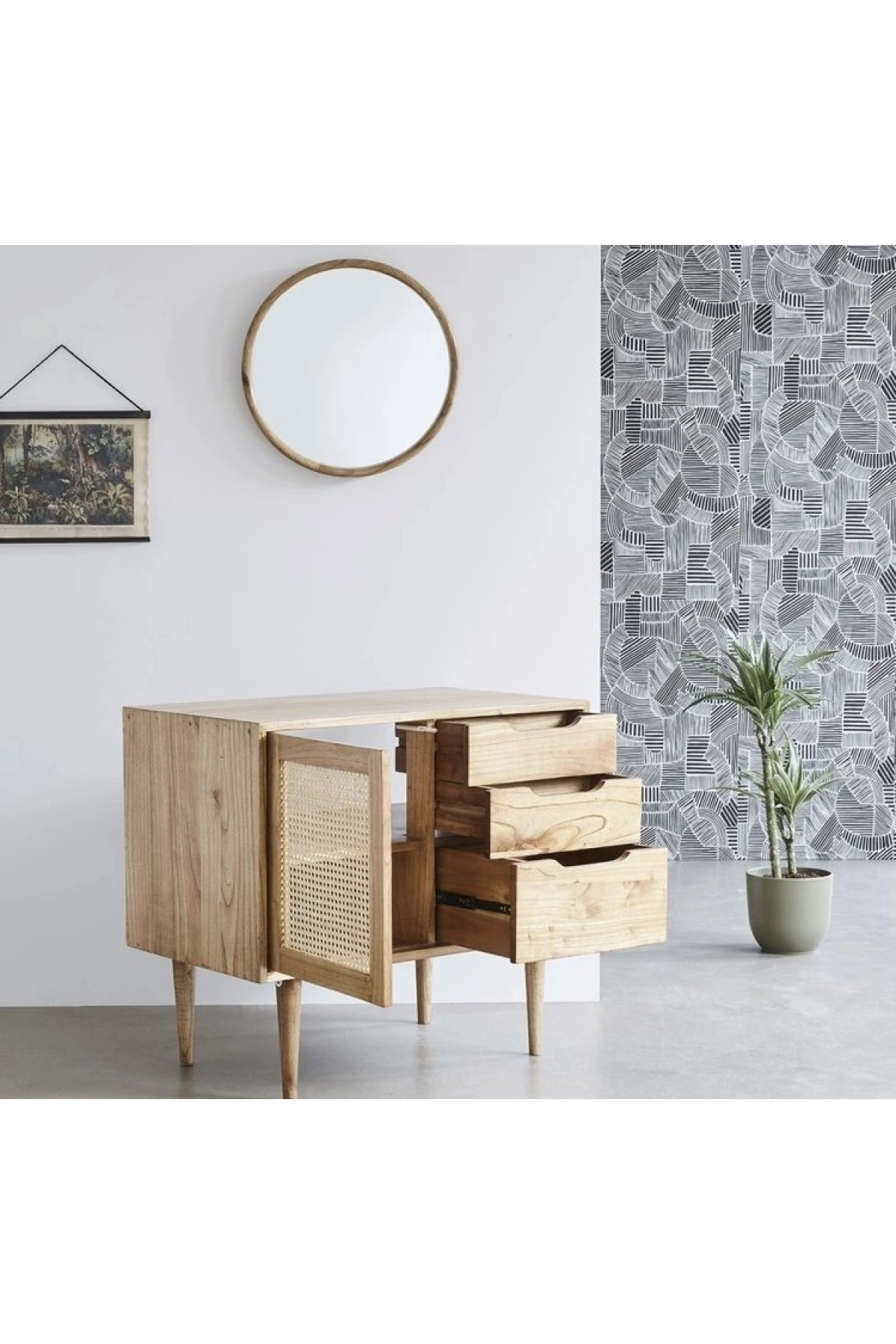 Çok amaçlı ahşap, çekmece ve hazeran kapaklı konsol