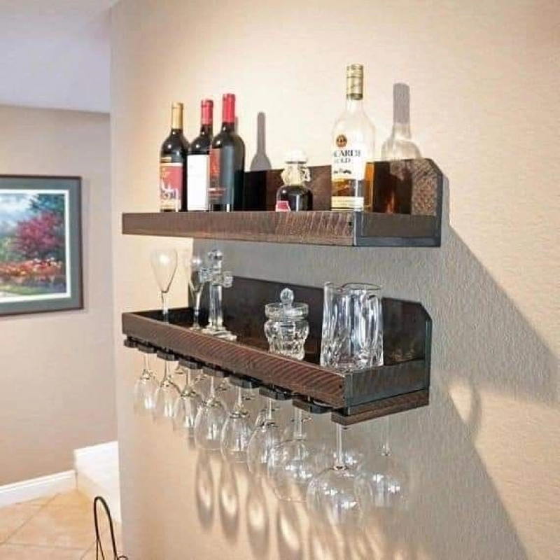Masif Ahşap Çok Amaçlı Bar Duvar Rafı