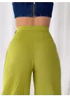 Yağ Yeşili Kemer Detaylı %100 Keten Pantolon