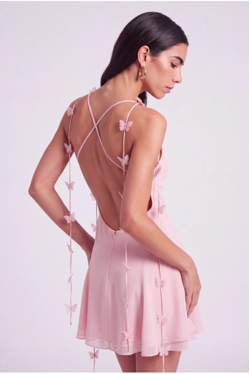 Çiçek Askılı Şifon Mini Melanie Elbise Pembe