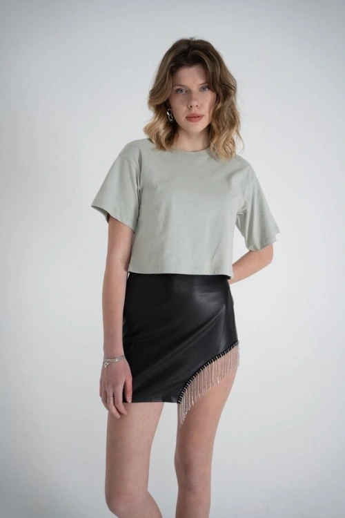 Kısa Kol Bisiklet Yaka Basic Viole Tshirt Haki