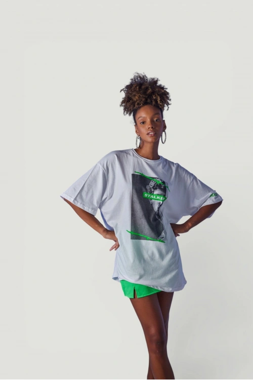 Oversize Baskılı Stalker T-Shirt Beyaz