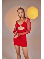 Bel Bağlamalı Lunar Elbise Kırmızı