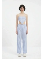 Beli Lastikli Çizgili Harmony Poplin Pantolon Mavi