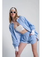 Beli Lastikli Çizgili Harmony Poplin Şort Mavi