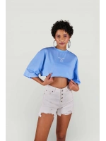 Bisiklet Yaka Crop Tshirt Mavi