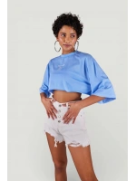 Bisiklet Yaka Crop Tshirt Mavi