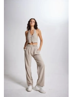 Boyun Bağlamalı Crop Striped Yelek Bej