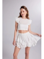 Brode Detaylı Crop Pixie Bluz Beyaz