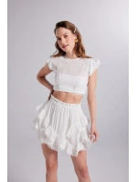 Brode Detaylı Crop Pixie Bluz Beyaz