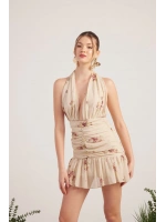 Çiçekli Şifon Kumaş Mini Yolanda Elbise Bej