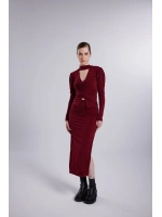 Çift Yırtmaçlı Maxi Serre Etek Bordo