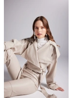 Crop Model Astarlı Kemerli Neeko Deri Ceket Bej