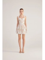 Eteği Brode Detaylı Çiçekli Mini Romance Elbise Pembe