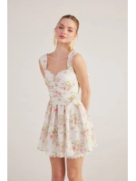 Eteği Brode Detaylı Çiçekli Mini Romance Elbise Pembe