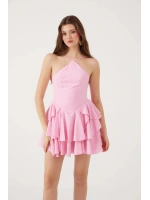Fırfırlı Halter Yaka Mini Keira Elbise Pembe